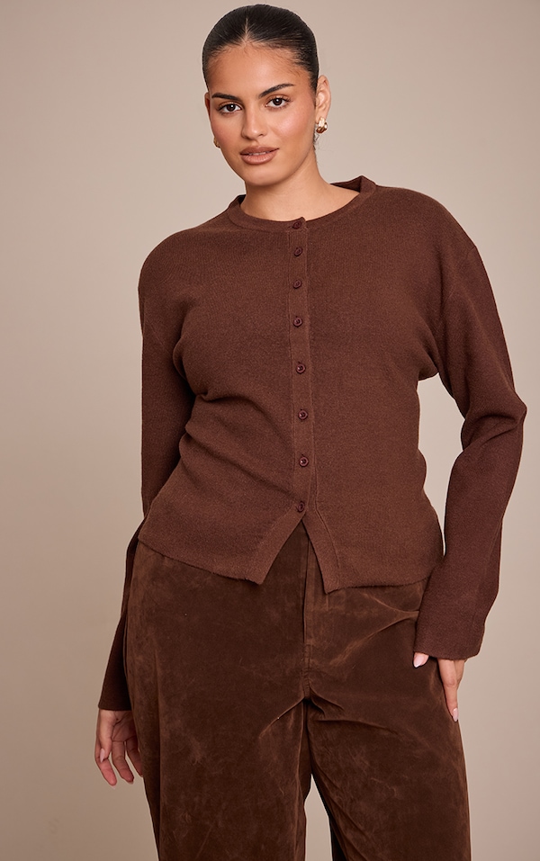 Plus Chocolate Button Down Long Sleeve Knitted Top