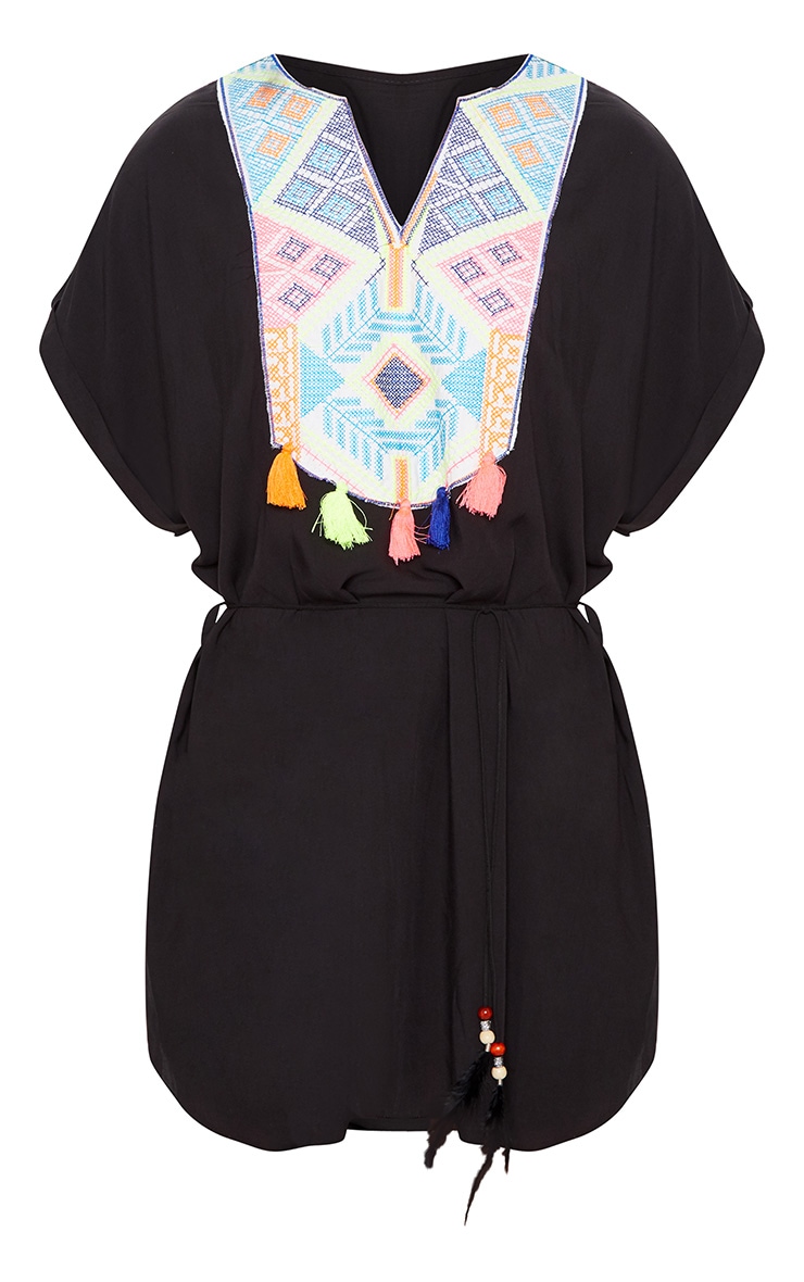 Black Embroidered Front Tassel Trim Shift Dress image 3