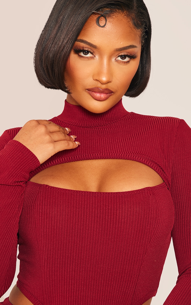 Shape Burgundy Rib Cut Out Crop Top image 4