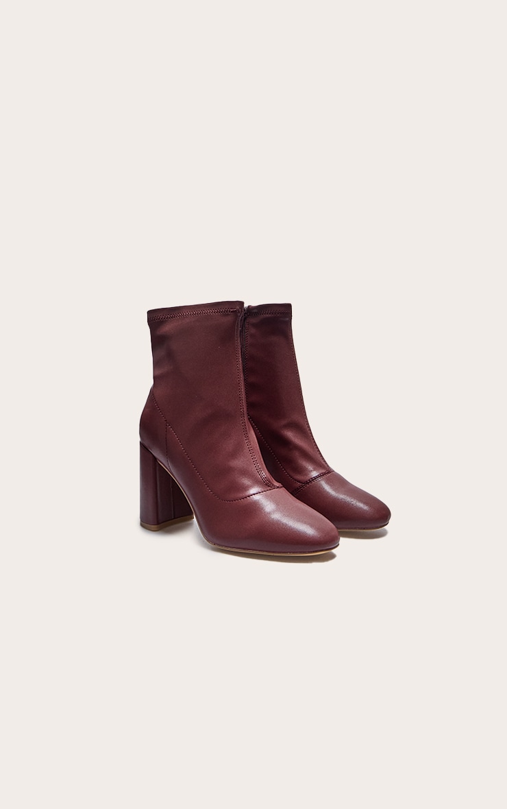 Burgundy Pu Round Toe Heeled Ankle Sock Boots image 2