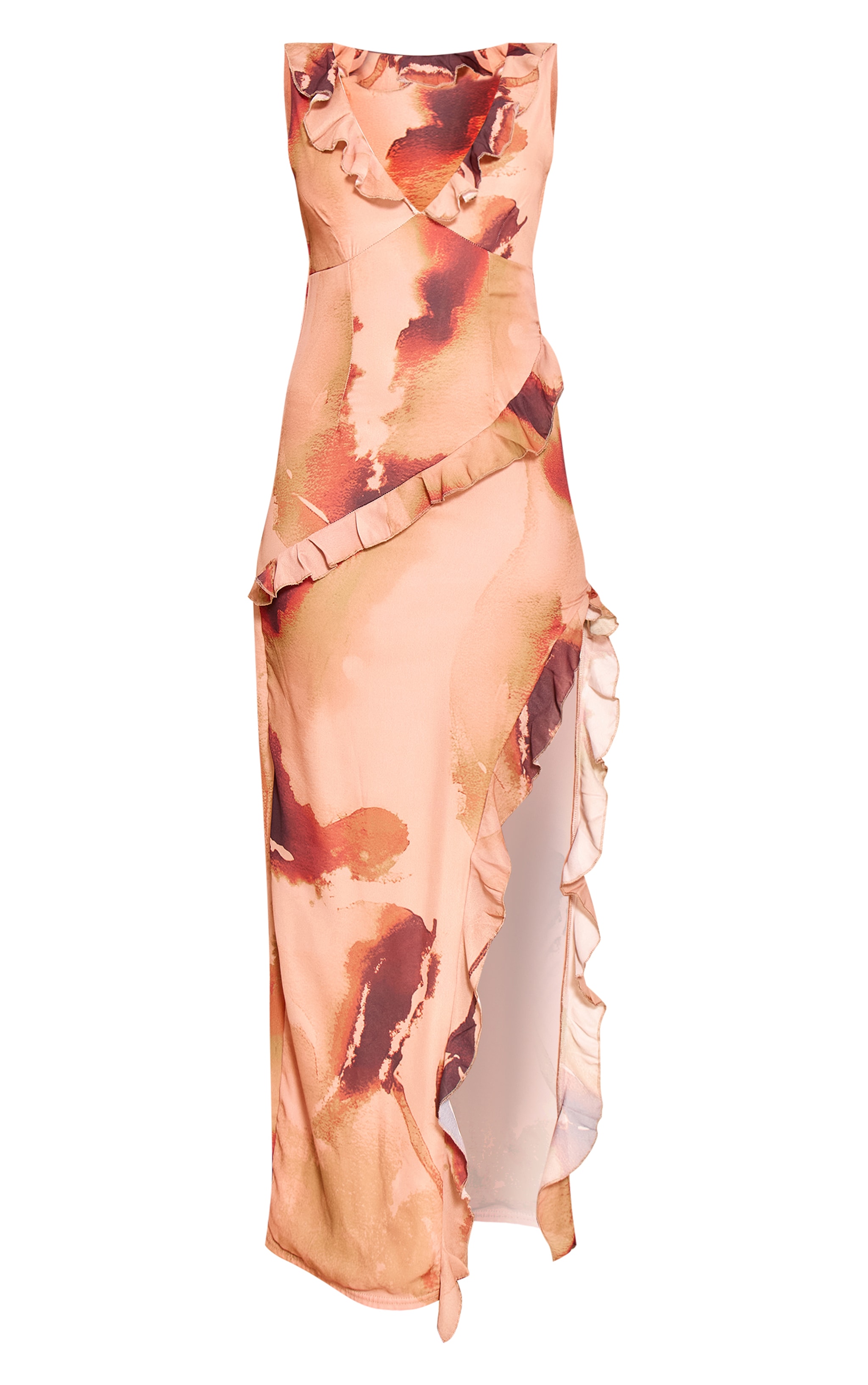 Chocolate Floral Asymmetric Frill Split Maxi Dress image 5