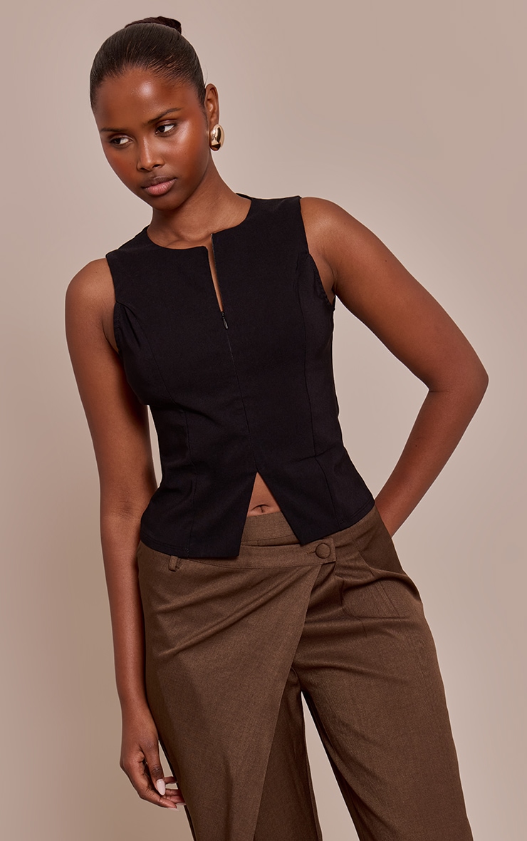 Black Stretch Woven Zip Detail Longline Top image 1