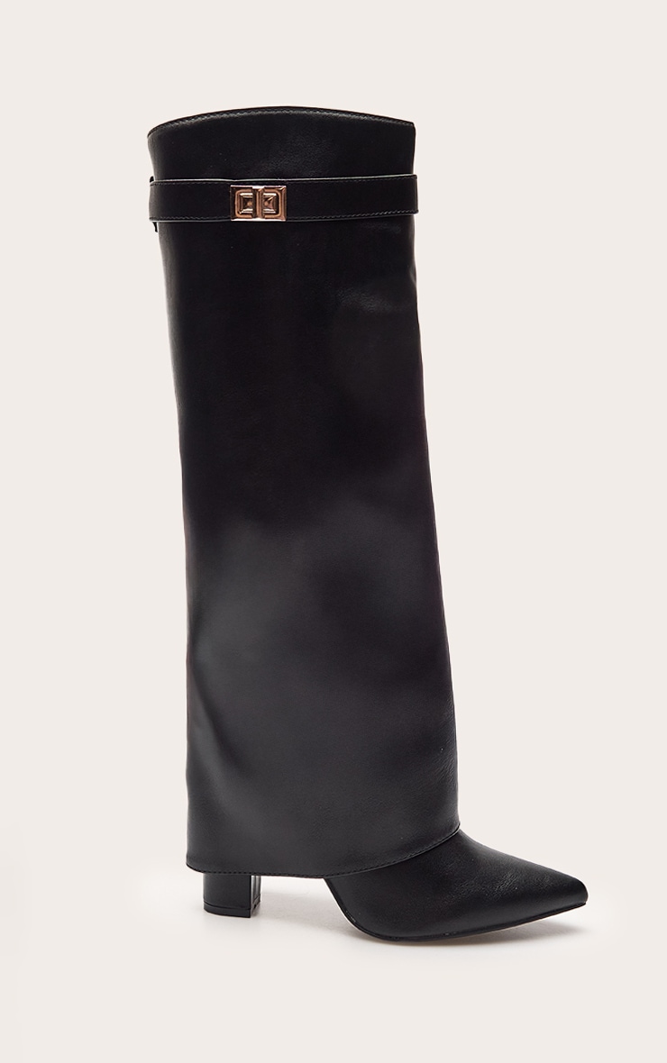 Black Faux Leather Block Heel Foldover Knee High Boot image 2