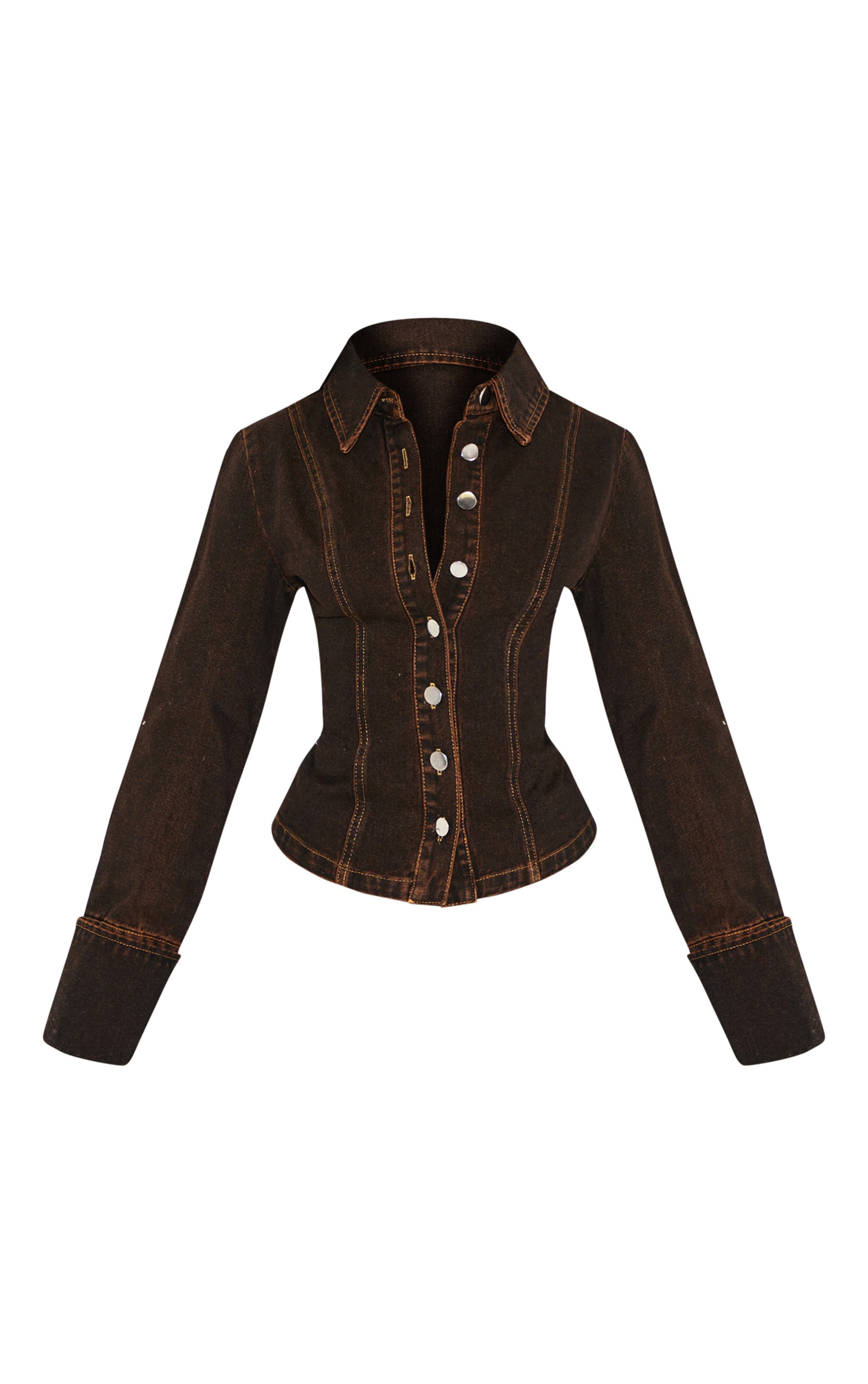 Petite Brown Long Sleeve Fitted Denim Shirt image 5