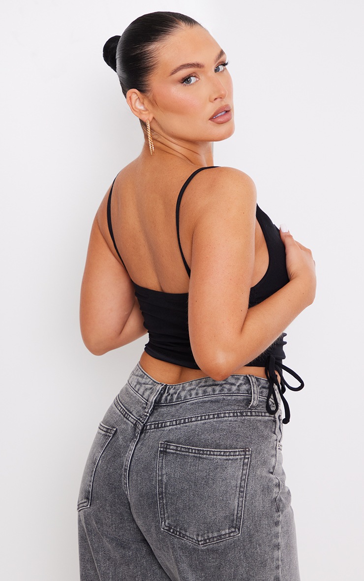 Black Soft Touch Jersey Ruched Side Halter Crop Top image 2