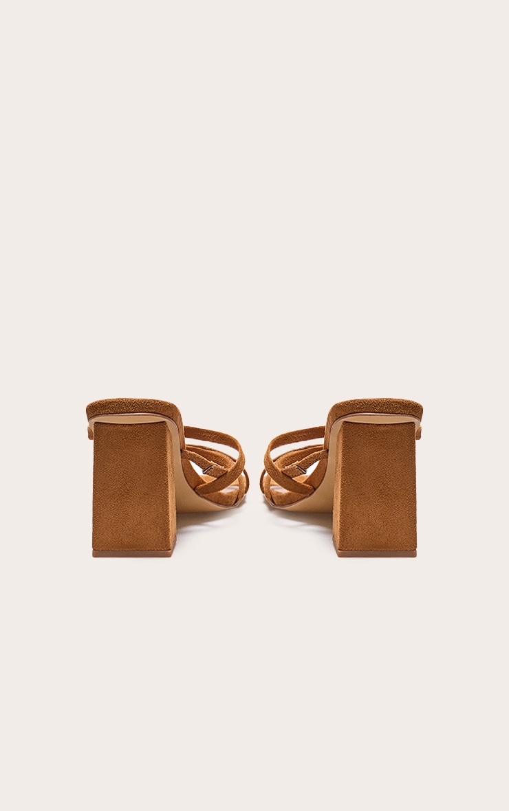Tan Faux Suede Square Toe Strappy Block Heel Mules image 3
