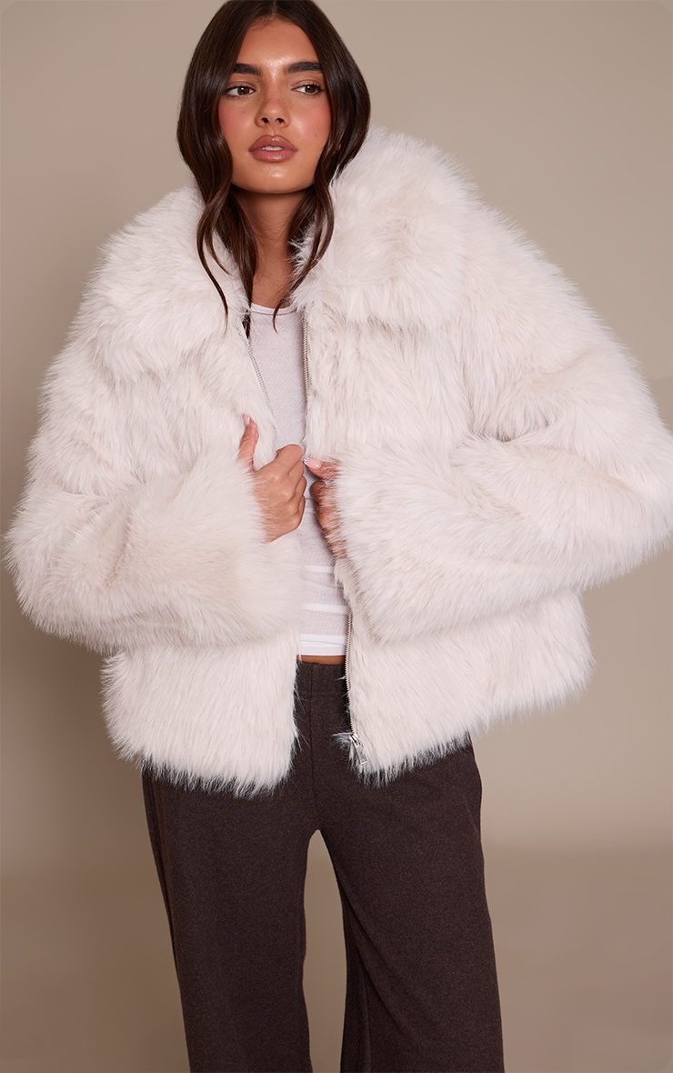 Cream Faux Fur Oversized Collar Coat image 1