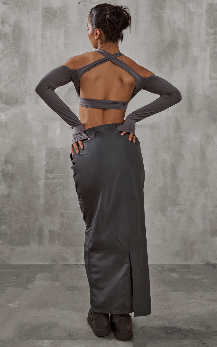 Charcoal Grey Slinky Open Back Halter Cold Shoulder Crop Top