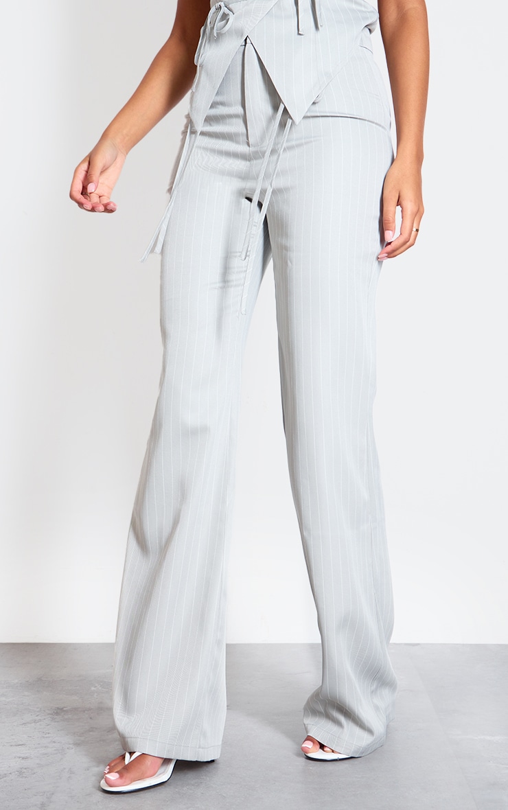 Tall Grey Pinstripe Tie Front Detail Straight Leg Trousers image 2