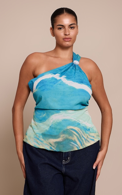 Plus Blue Printed Cut Out Detail Halterneck Top