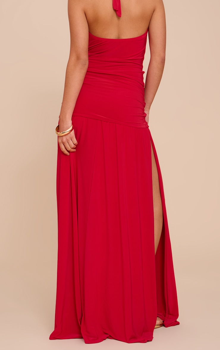 Tomato Red Double Layer Slinky Knot Drape Maxi Skirt image 3