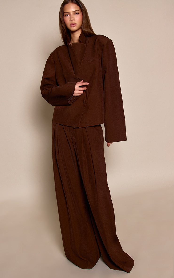 Dark Brown Tailored Pleated Wide Leg Pants image 2
