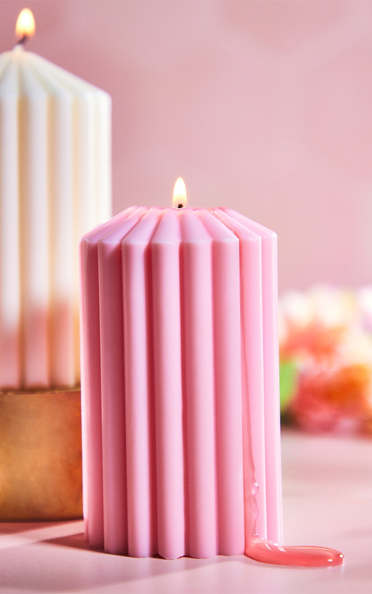 Short Pink Ribbed Candle image 1
