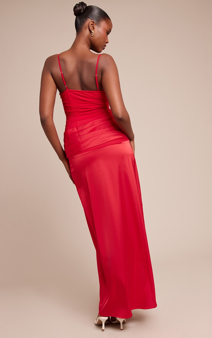 Red Chiffon Dropped Waist Ruched Detail Maxi Dress image 2