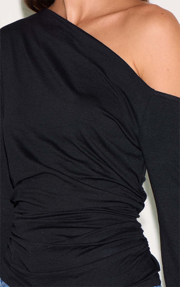 Black Soft Cotton Asymmetric Ruched Long Sleeve Top image 4