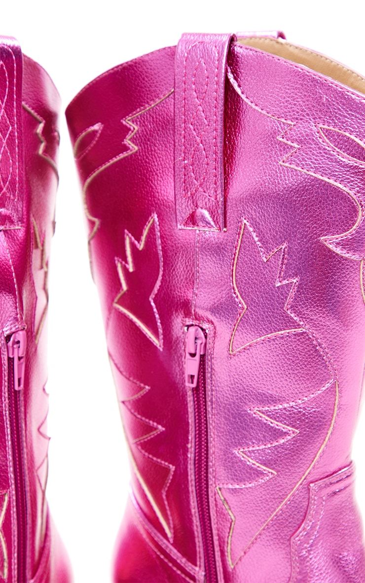 Pink Metallic Shine Block Heel Western Calf Boots PrettyLittleThing USA
