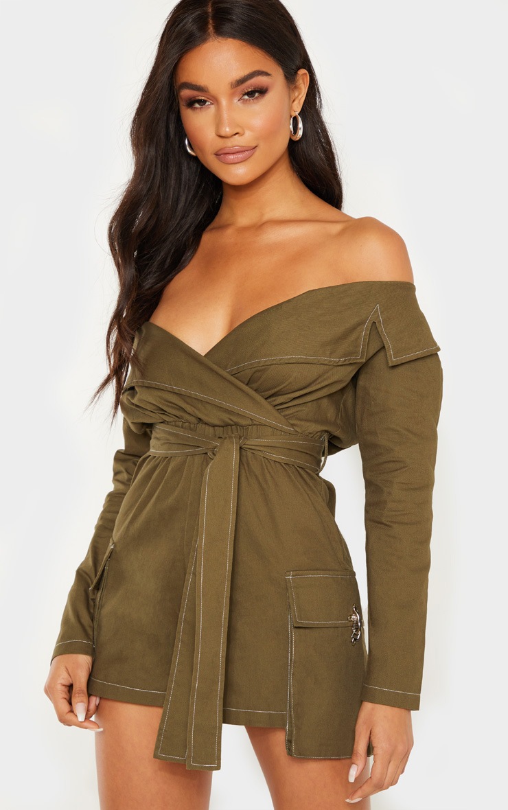 Khaki Utility Tie Waist Bardot Playsuit