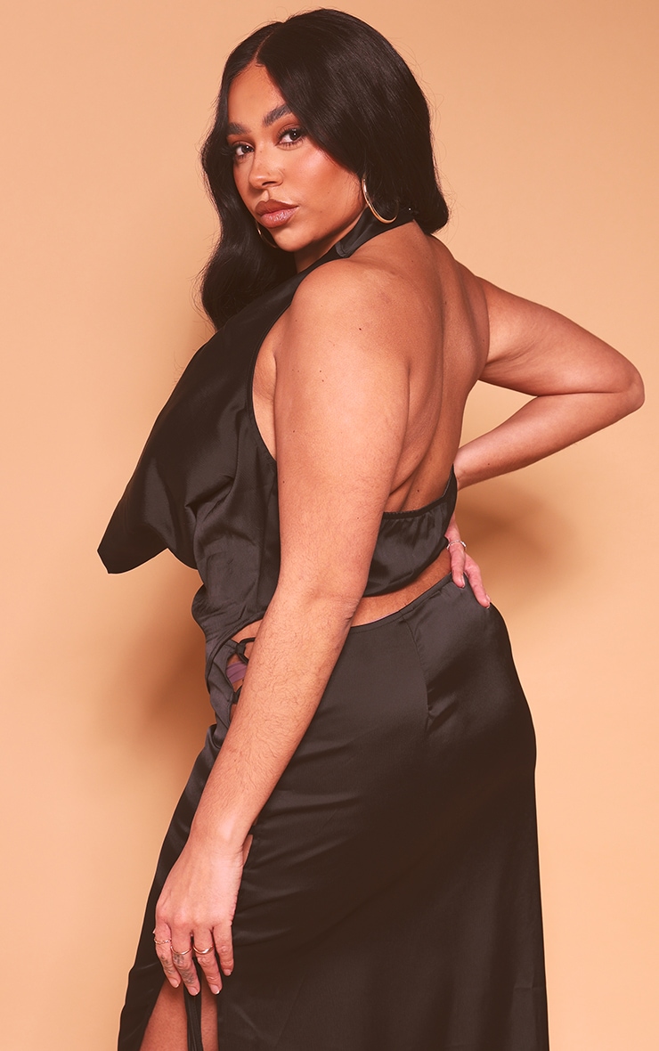 Plus Black Satin Plunge Cowl Halterneck Top image 2