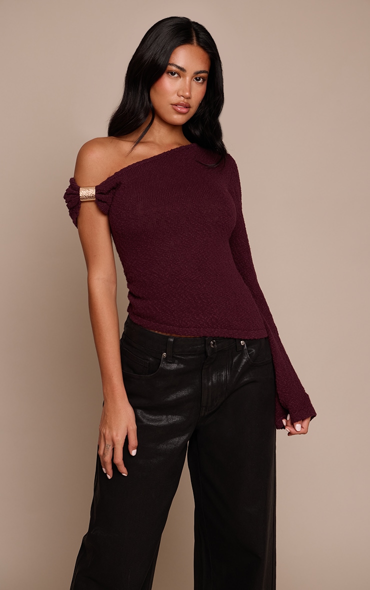 Plum Bobble Knit Trim Detail One Shoulder Top image 1