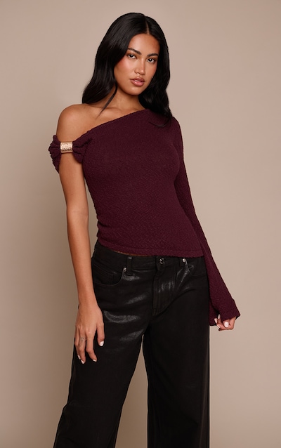 Plum Bobble Knit Trim Detail One Shoulder Top