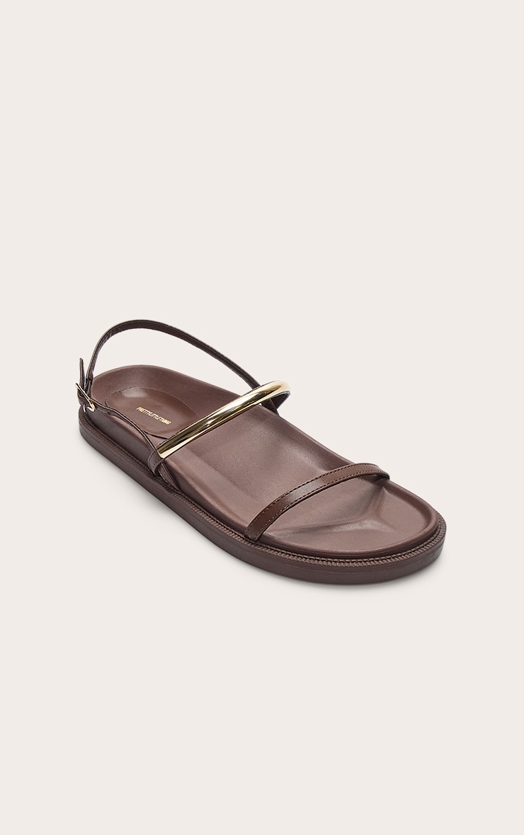 Chocolate Pu Round Toe Gold Strap Footbed Sandals image 2