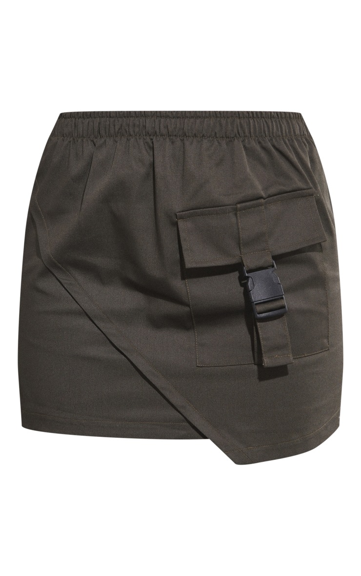 Khaki Buckle Detail Asymmetric Hem Cargo Mini Skirt image 6