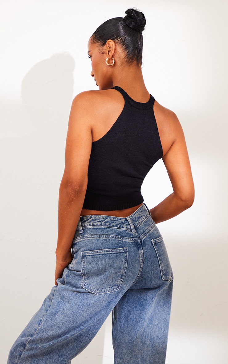 Black Knit Racer Neck O Ring Crop Top image 2