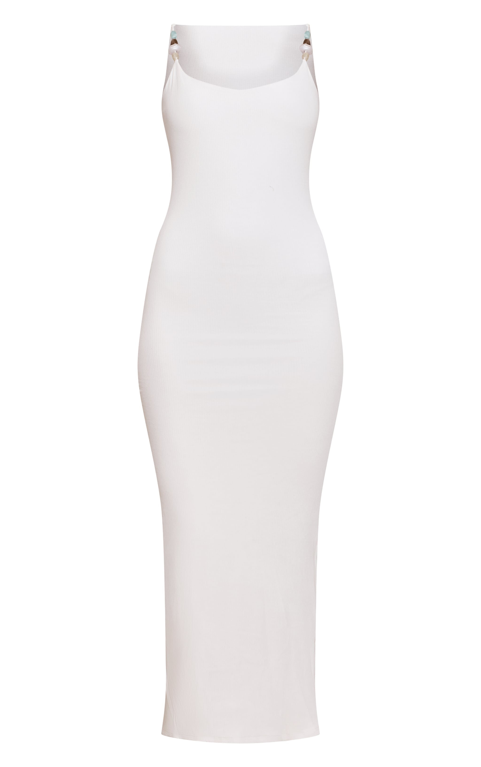 White Ribbed Stone Trim Detail Strappy Maxi Dress image 5
