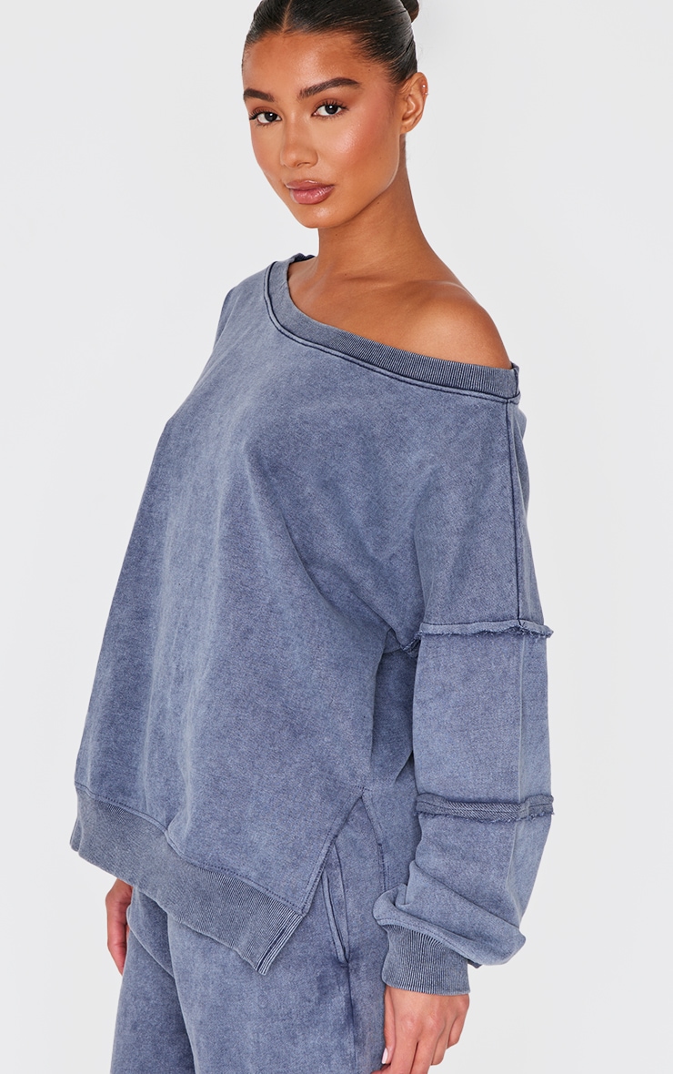  Blue Grey Washed Off The Shoulder Frayed Seam Detail Sweatshirt image 4