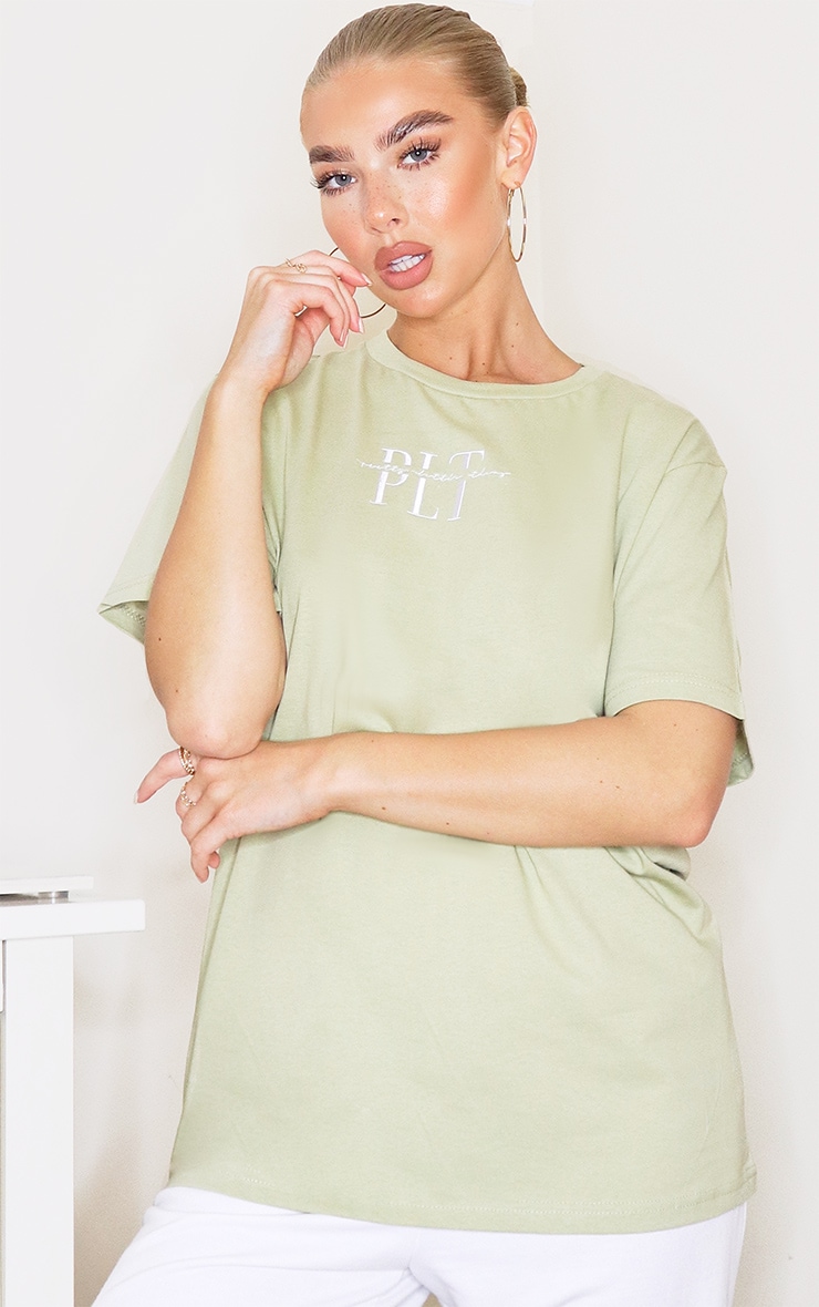 PRETTYLITTLETHING Sage Khaki Embroidered T Shirt