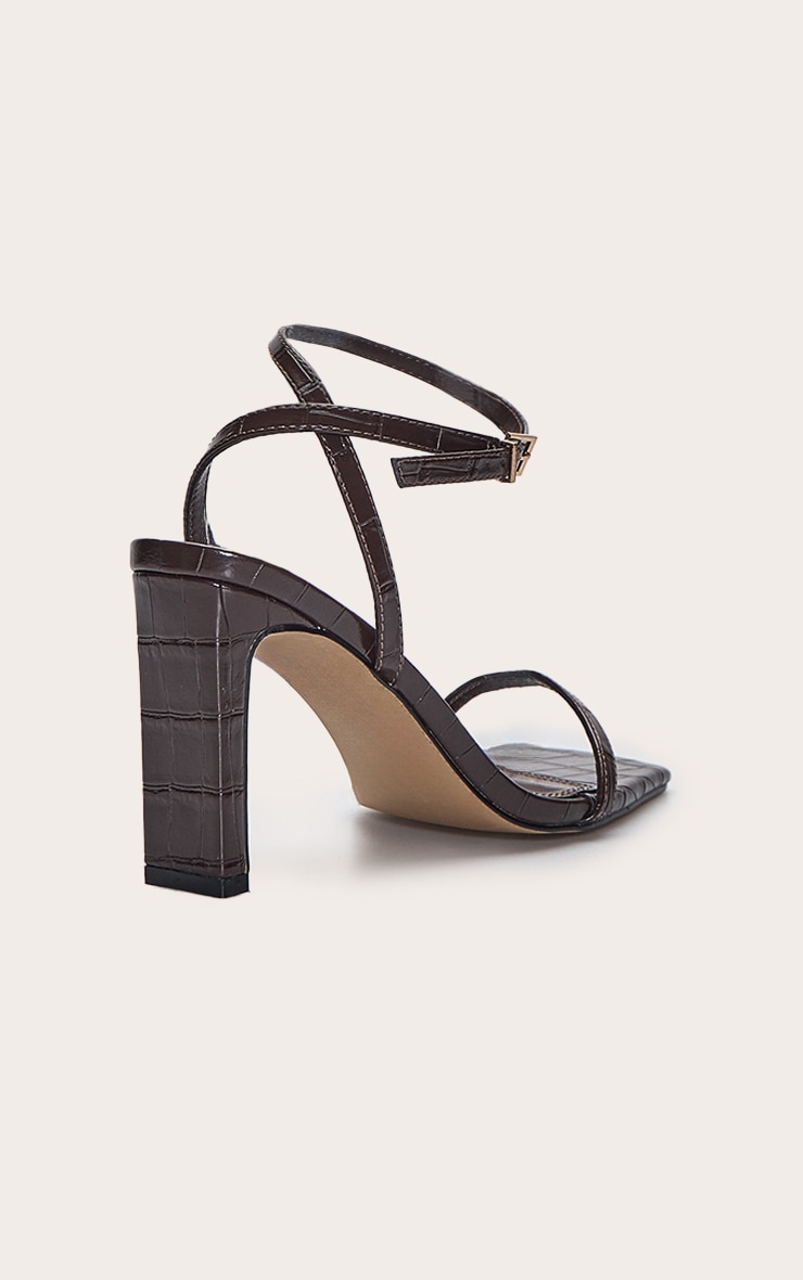 Chocolate Croc Square Toe Slim Block Heel Barely There Sandal image 4