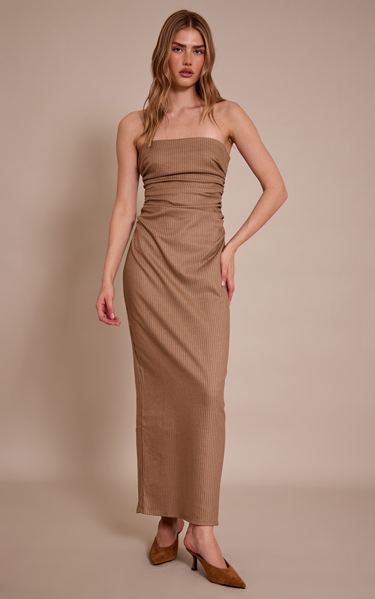 Stone Pinstripe Bandeau Ruched Detail Maxi Dress