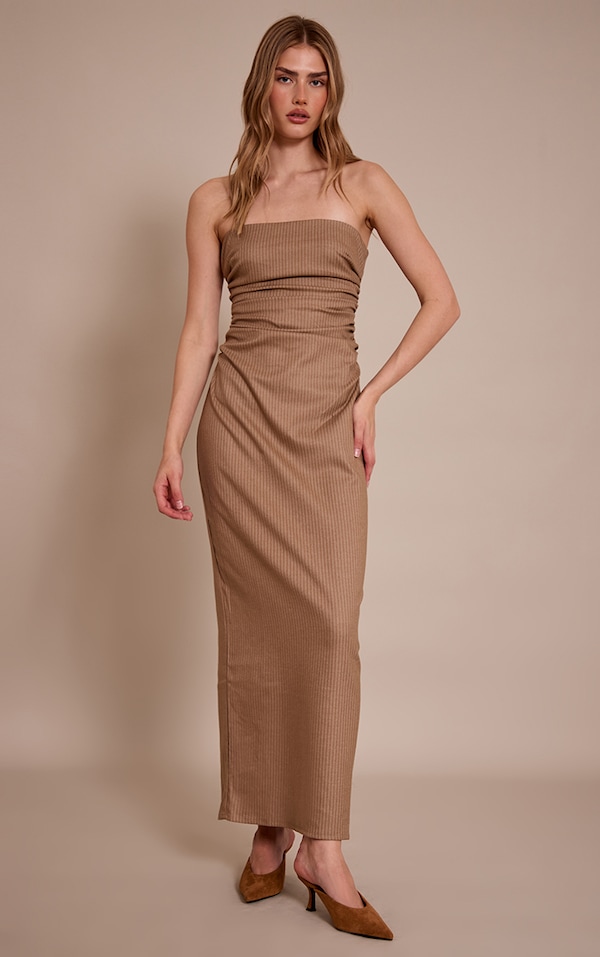 Robe bustier longue gris pierre froncée à fines rayures