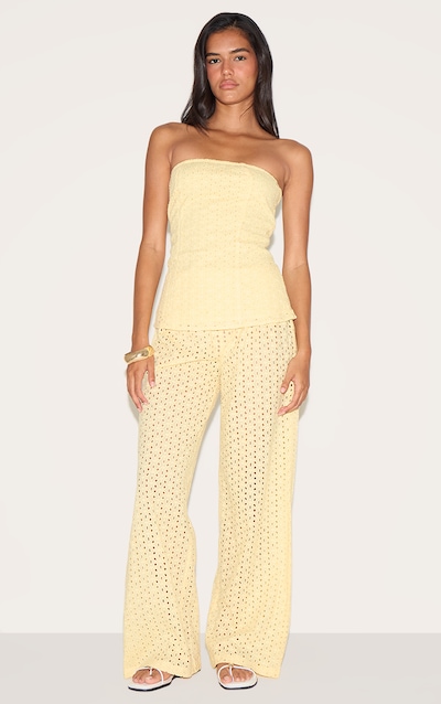 Pantalon brodé jaune citron à taille mi-haute