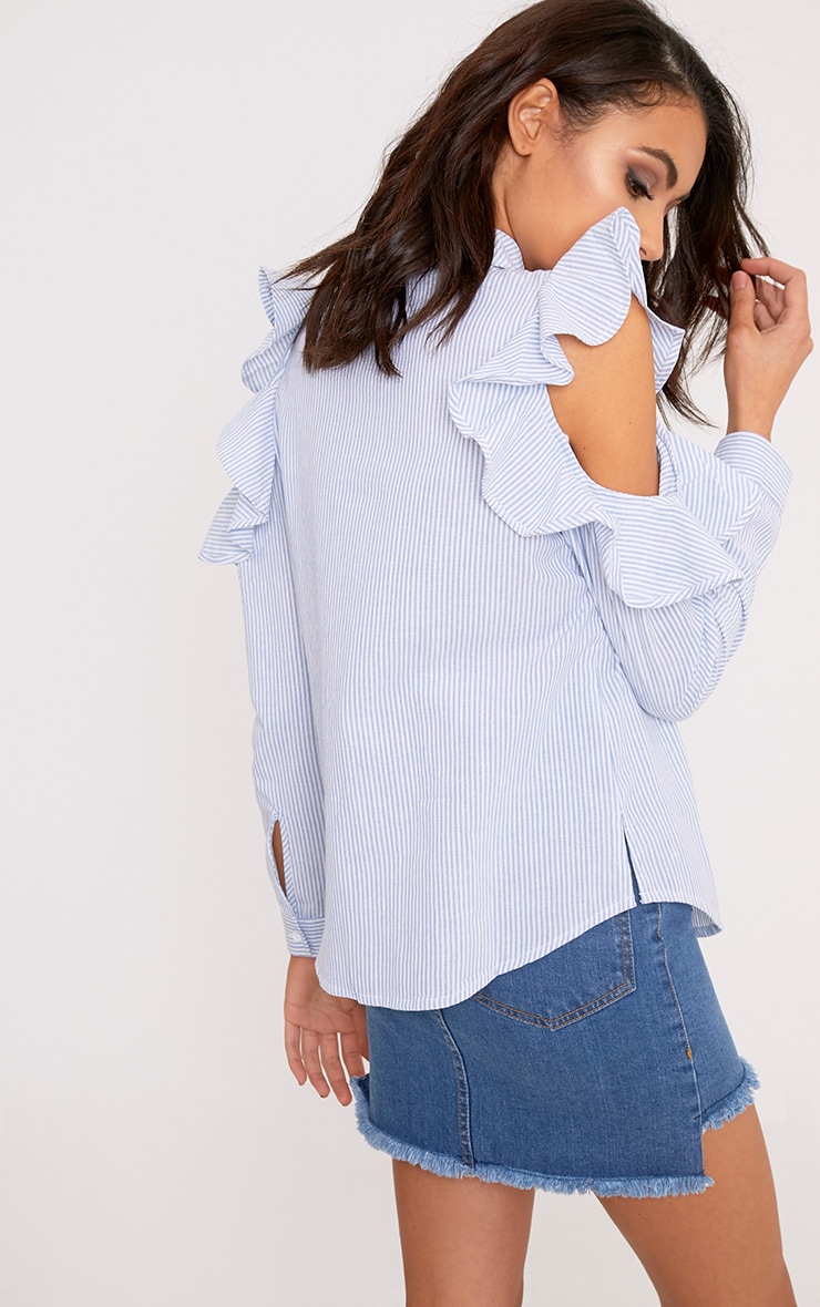 Caleigh Blue Cotton Stripe Frill Open Shoulder Shirt PrettyLittleThing