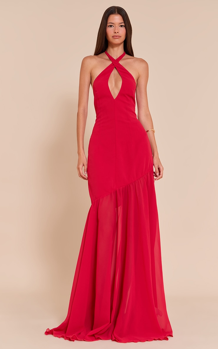 Red Chiffon Halterneck Dropped Waist Maxi Dress image 1