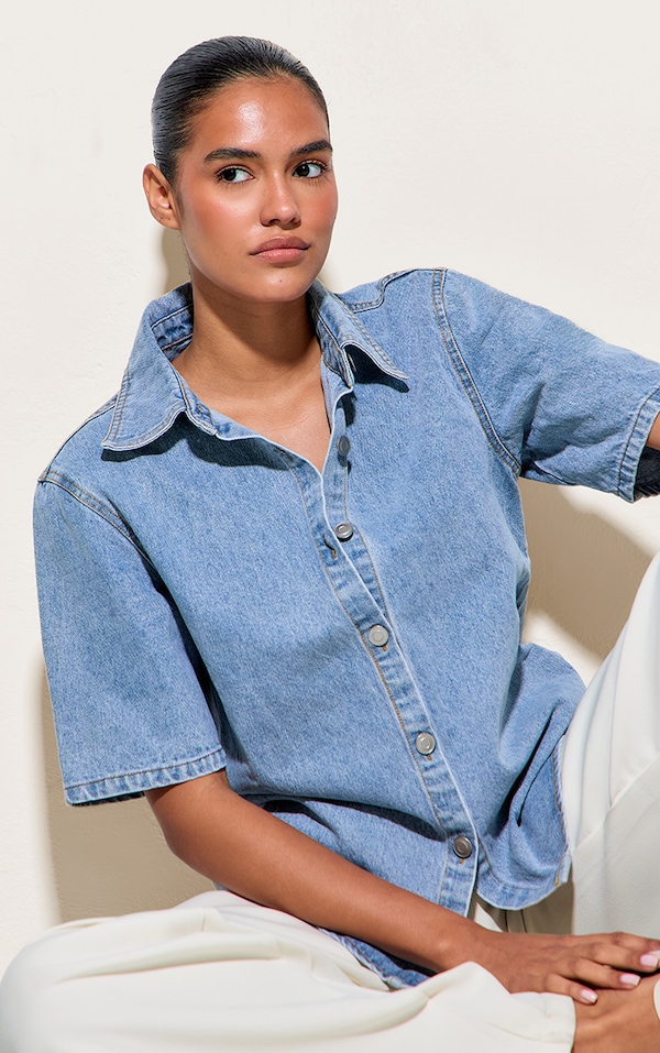 Light Blue Wash Fabric Covered Button Denim Shirt