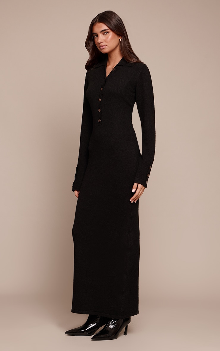 Black Soft Bobble Knit Button Up Collar Detail Maxi Dress image 3