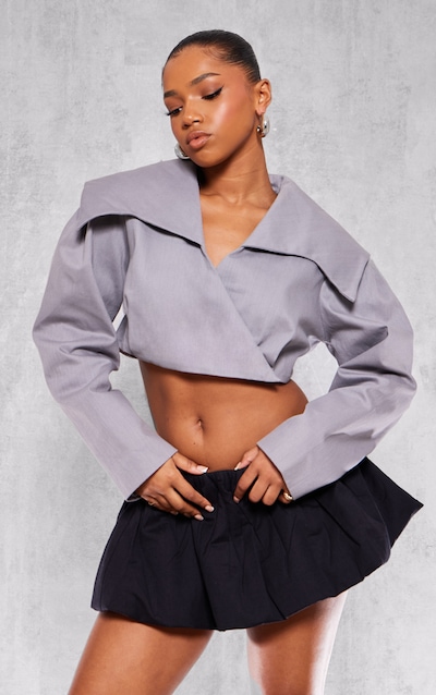 Grey Cross Over Asymmetric Cropped Jacket