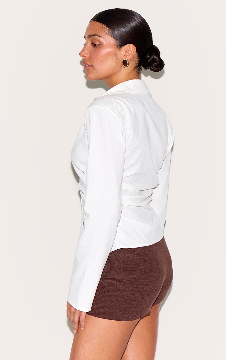 Petite White Linen Look Shoulder Padded Fitted Shirt image 2