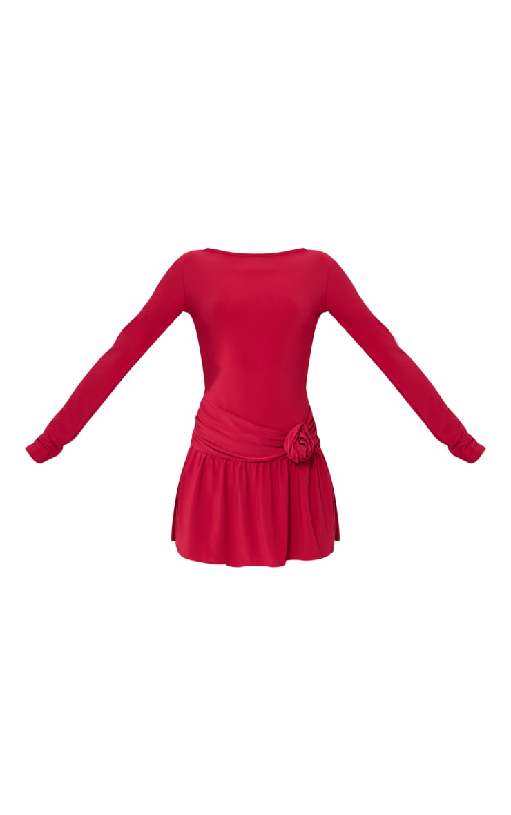 Cherry Red Long Sleeve Corsage Detail Skort Romper image 2