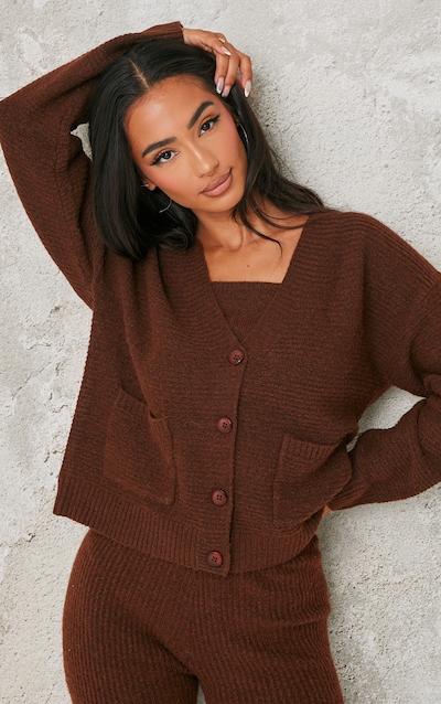 Petite Chocolate Rib Knit Oversized Cardigan