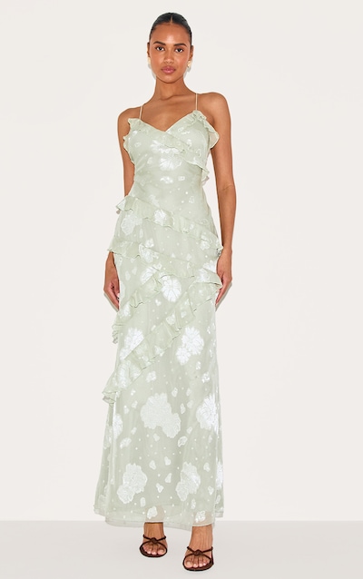Robe longue vert sauge brodée fleurie à volants