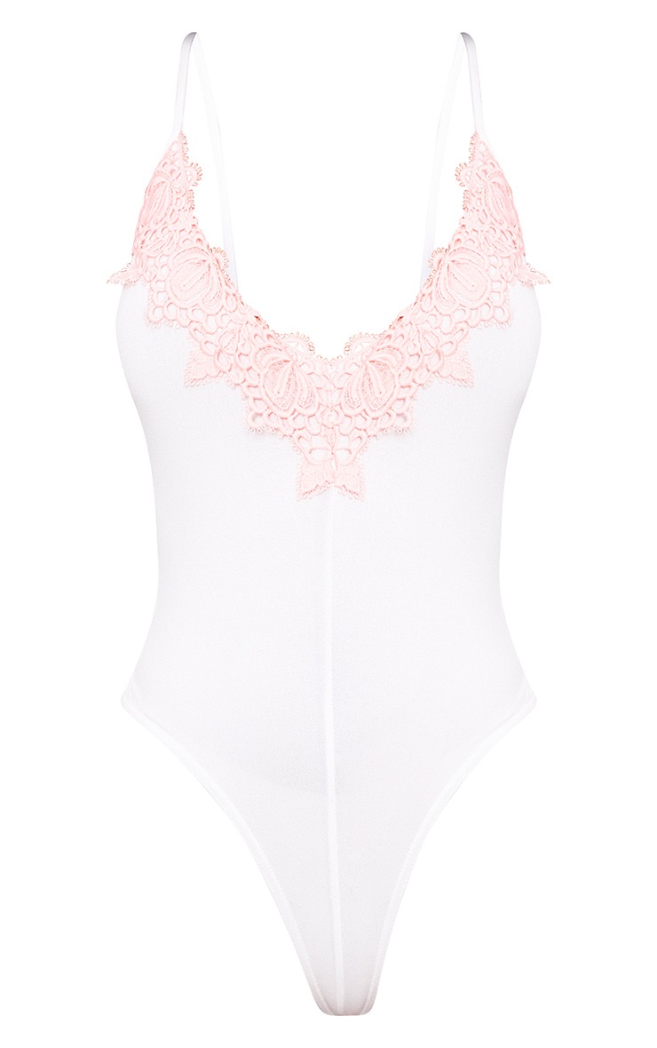 White Lace Crochet Trim Plunge Bodysuit PrettyLittleThing