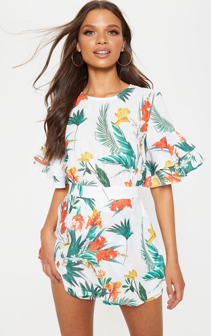 White Tropical Print Frill Sleeve Tie Back Playsuit
