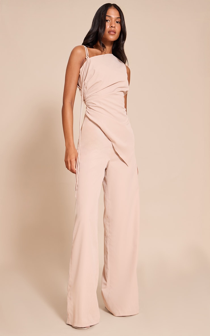 Tall Cream Woven One Shoulder Wide Leg Jumpsuit image 3