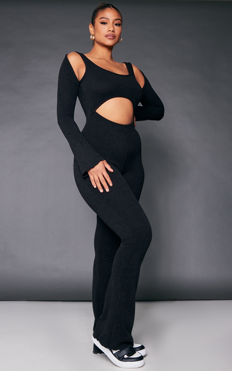 Black Soft Rib Cut Out Flared Sleeve Jumpsuit image 3