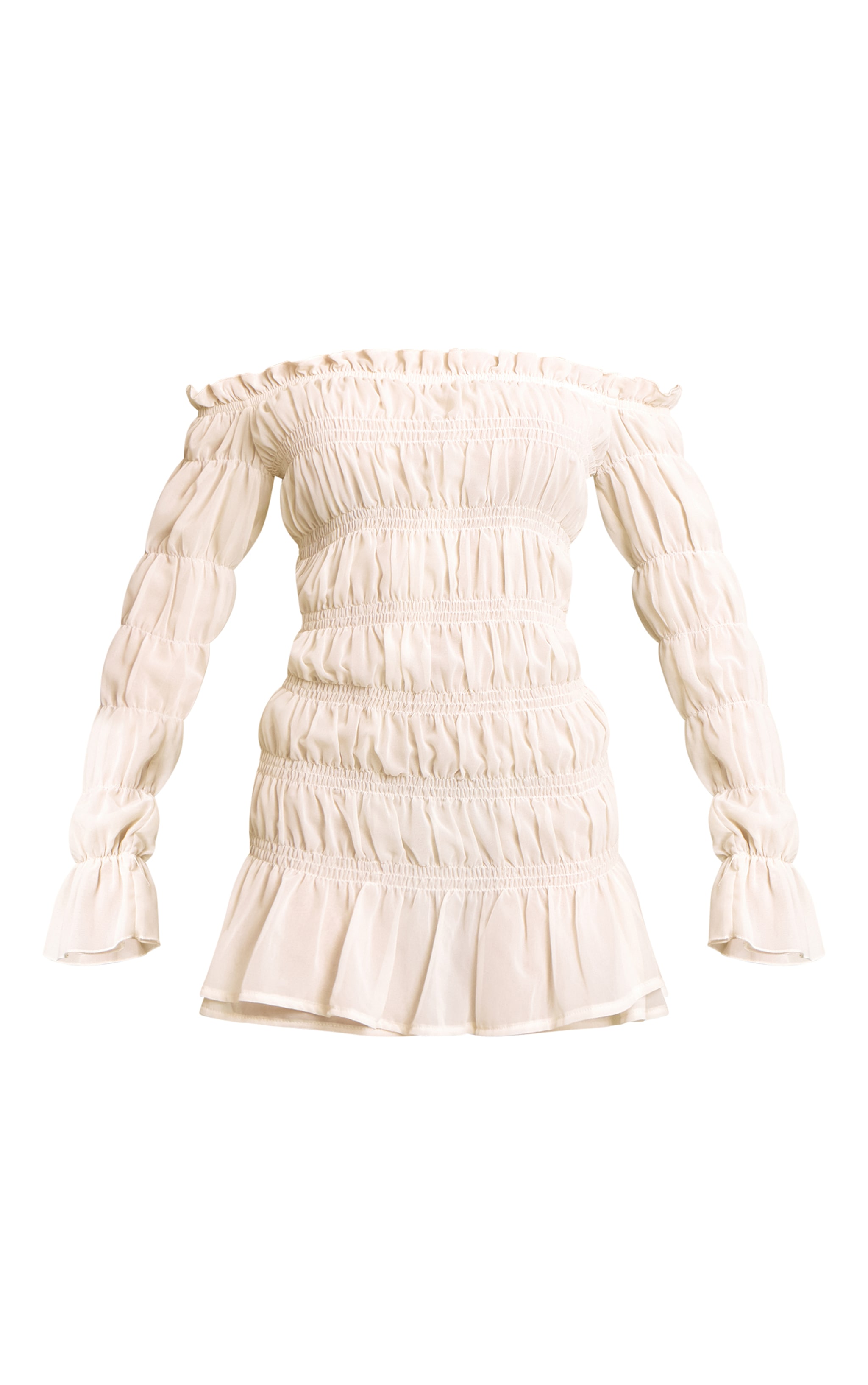 Robe moulante en mousseline de soie crème froncée à col bardot et manches longues image 5