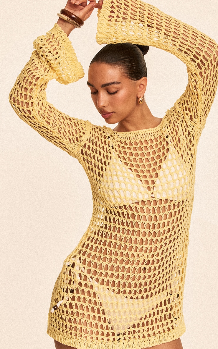 Butter Yellow Crochet Long Sleeve Beach Mini Dress image 4