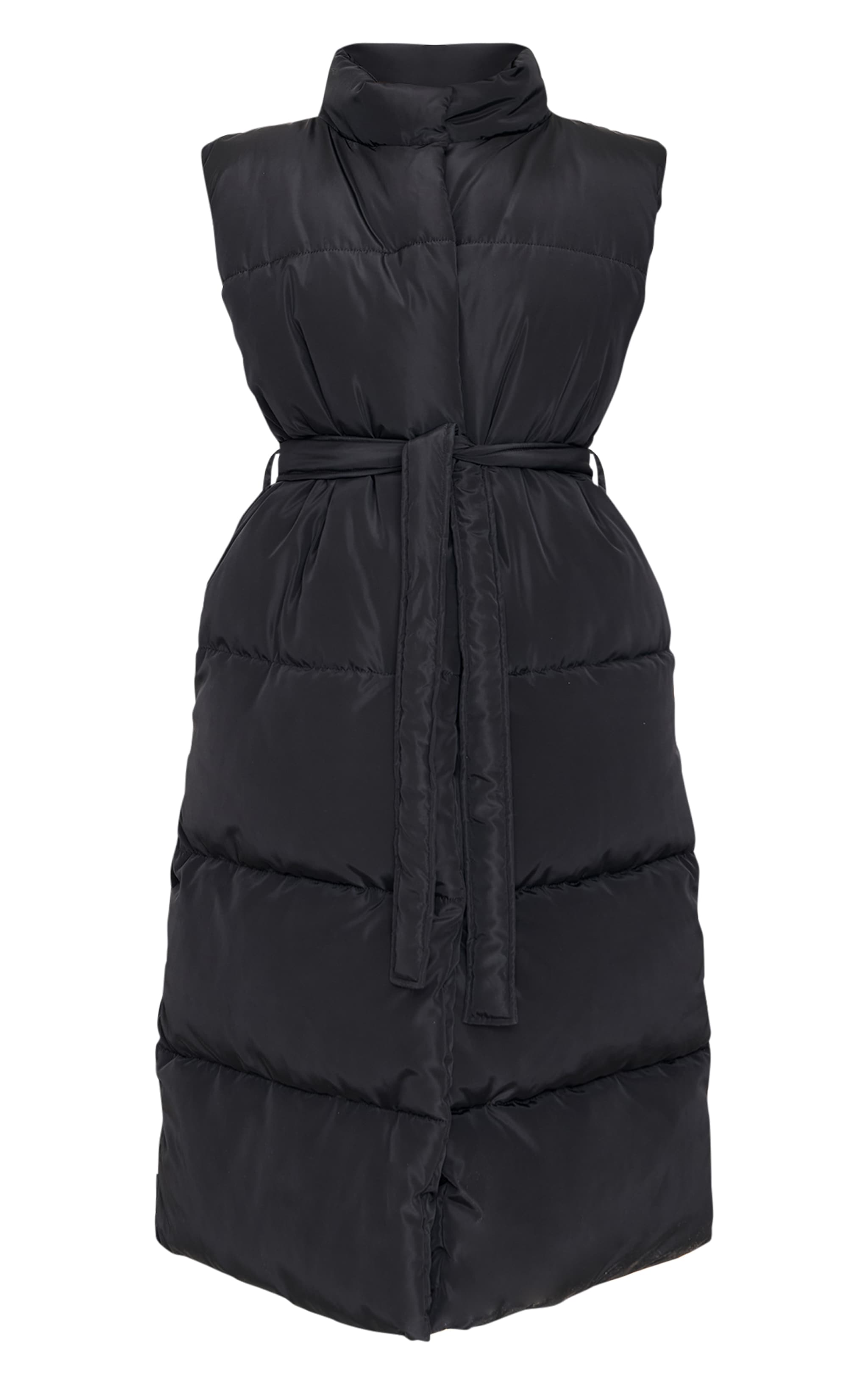 Black Quilted Longline Tie Waist Gilet image 5